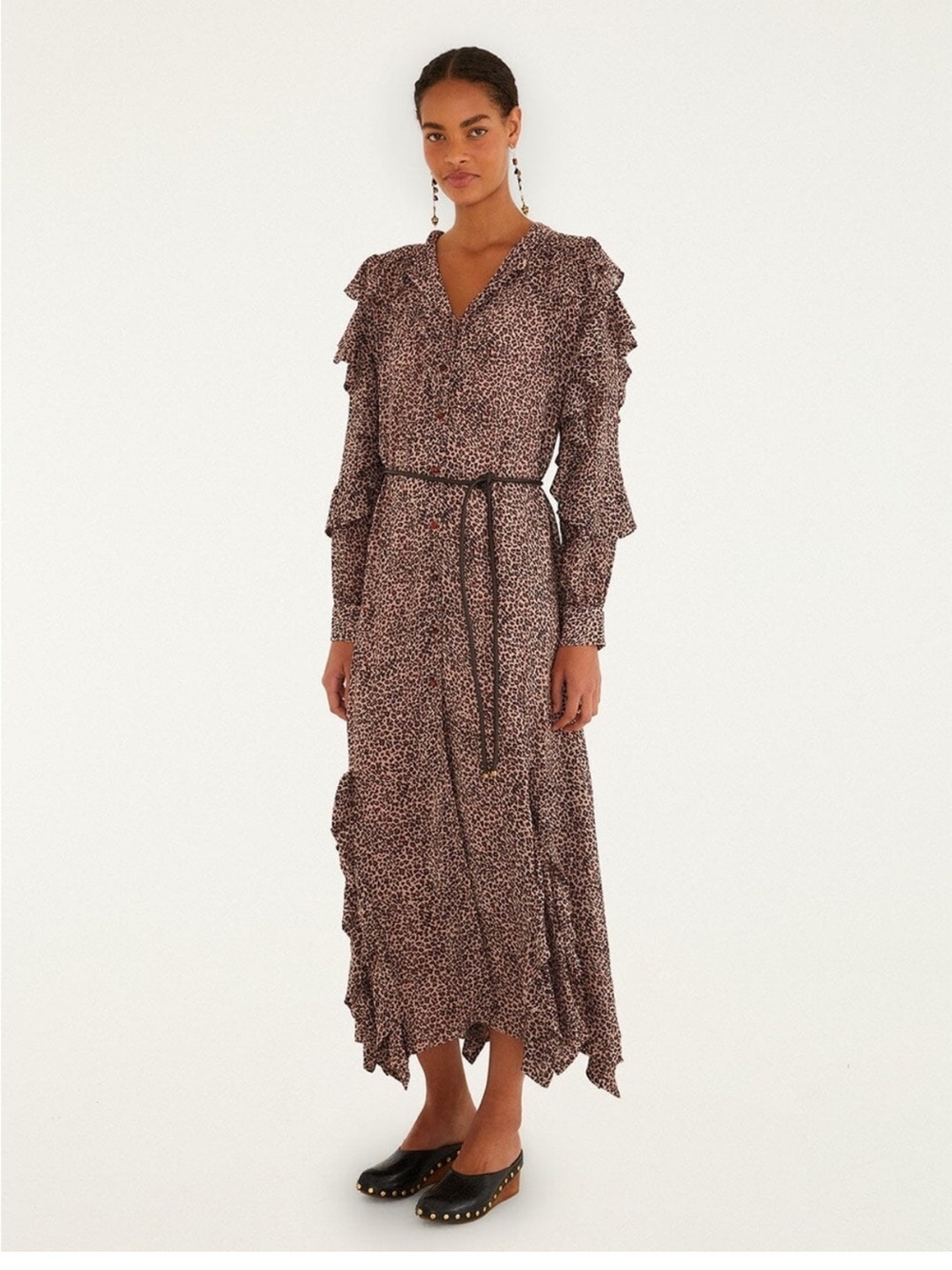 FARM Rio Baby Leopard Ruffle Long Sleeve Maxi Shirt Dress In Baby Leopard Pink